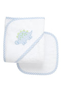 Juego de toalla con capucha y toallita de baño para bebé con estampado de dino, color azul.