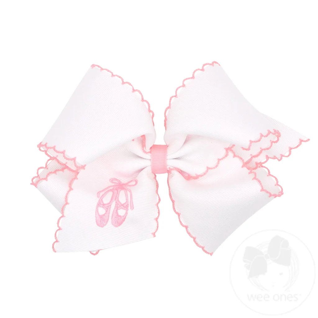 Lazo para el cabello King Grosgrain con borde de punto lunar rosa y bordado de zapatillas de ballet