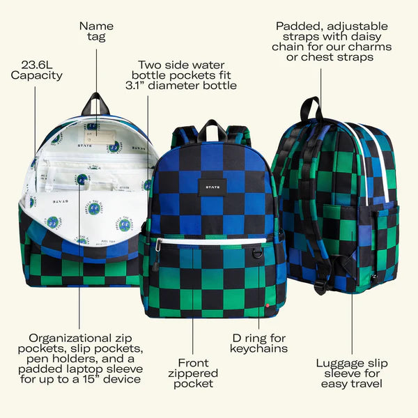 Mochila Kane de doble bolsillo azul y verde de cuadros