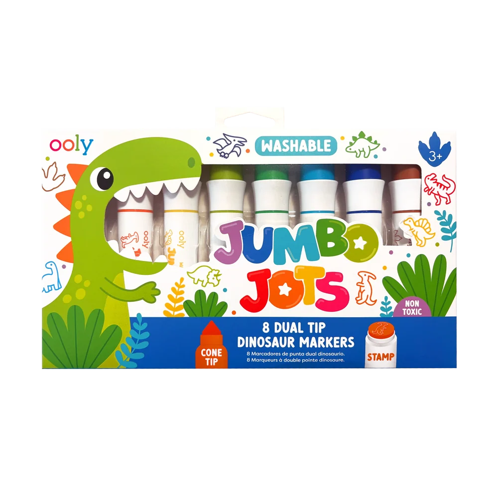 Jumbo Jots: Marcadores de punta doble cono y sello - Dinosaurio (Set de 8)