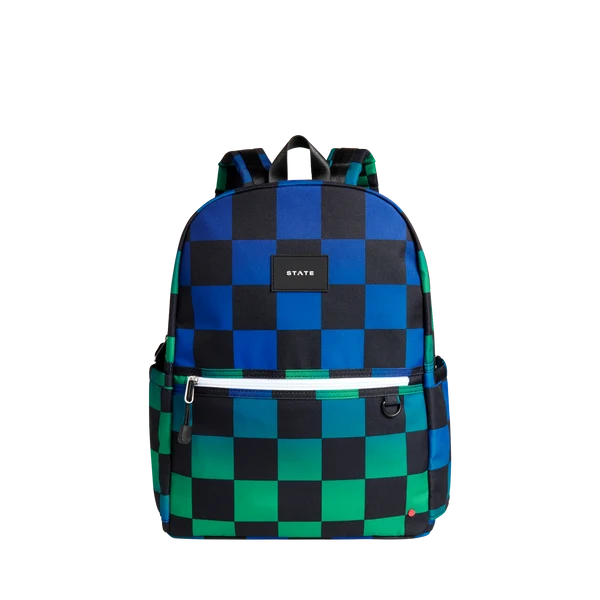Mochila Kane de doble bolsillo azul y verde de cuadros