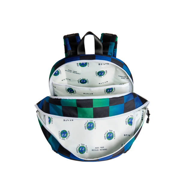 Mochila Kane de doble bolsillo azul y verde de cuadros