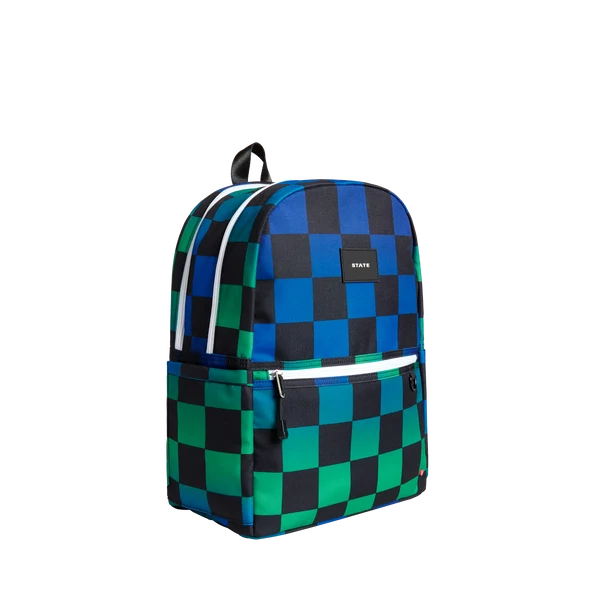 Mochila Kane de doble bolsillo azul y verde de cuadros